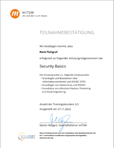 mITSM - Security Basics - Teilnahmebestätigung