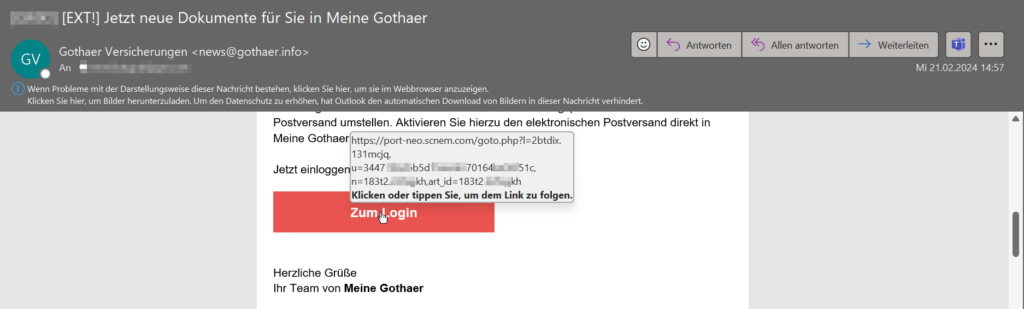 Screenshot der E-Mail. Zu sehen ist ein Link, der nicht wirklich viel Vertrauen beim Empfänger auslöst!